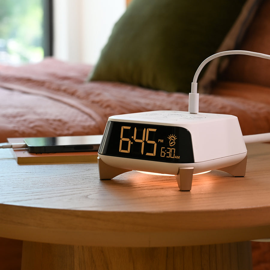 CubieTime Zen White Hotel single day alarm clock with USB-C ports, power outlets, white noise, sunrise alarm rest-easy display and a nightlight. 