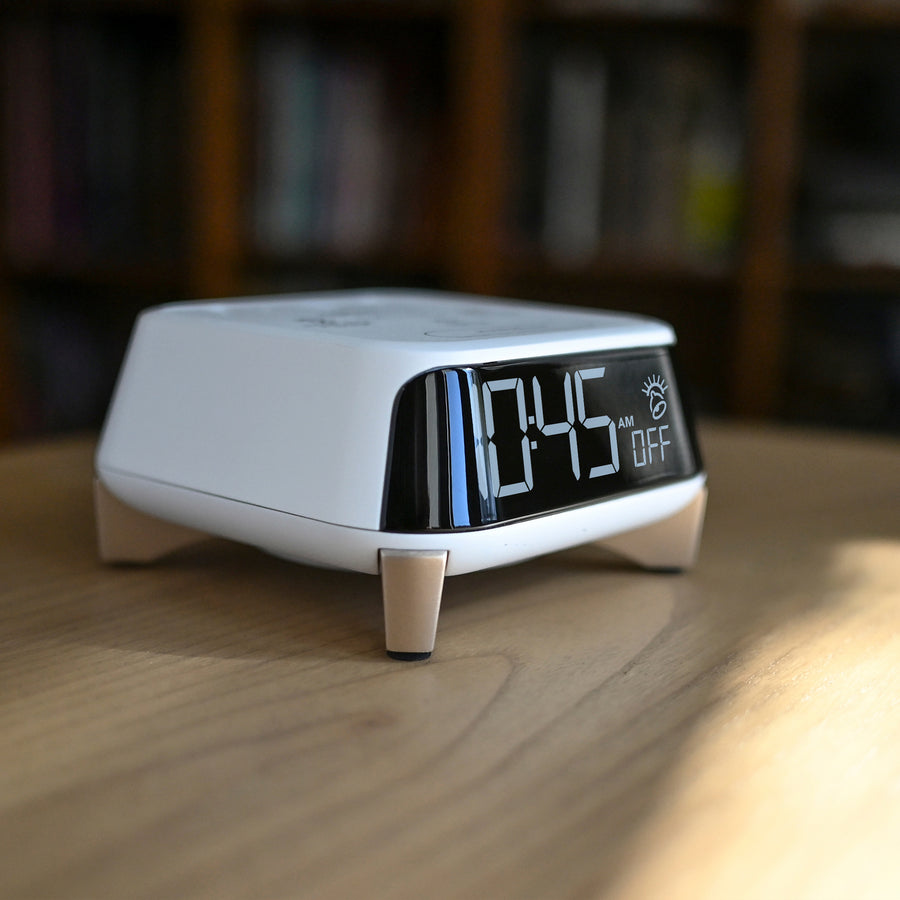 CubieTime Zen White Hotel single day alarm clock with USB-C ports, power outlets, white noise, sunrise alarm rest-easy display and a nightlight. 