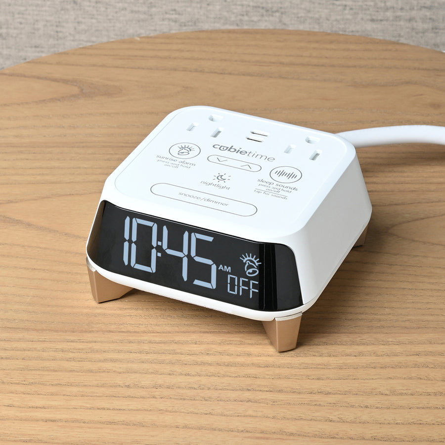 CubieTime Zen White Hotel single day alarm clock with USB-C ports, power outlets, white noise, sunrise alarm rest-easy display and a nightlight. 