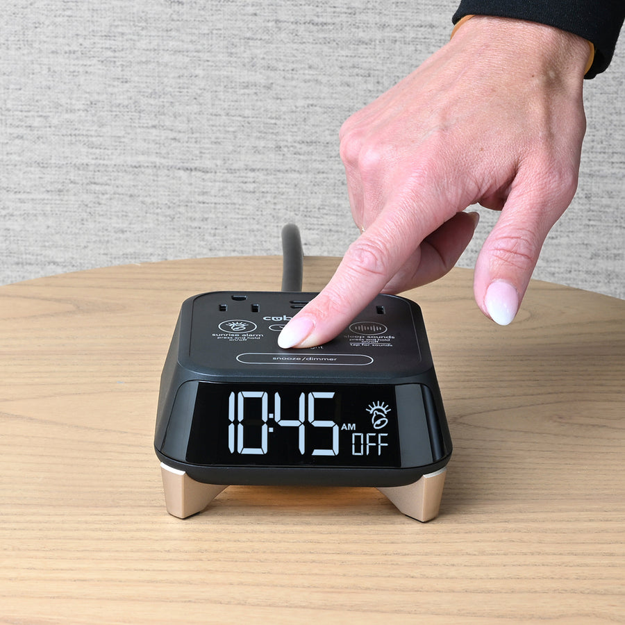 CubieTime Zen Hotel single day alarm clock with USB-C ports, power outlets, white noise, sunrise alarm rest-easy display and a nightlight. 